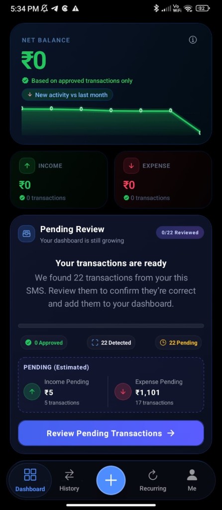 Cashnix dashboard showing approved totals on top and a Pending Review section for SMS-detected transactions